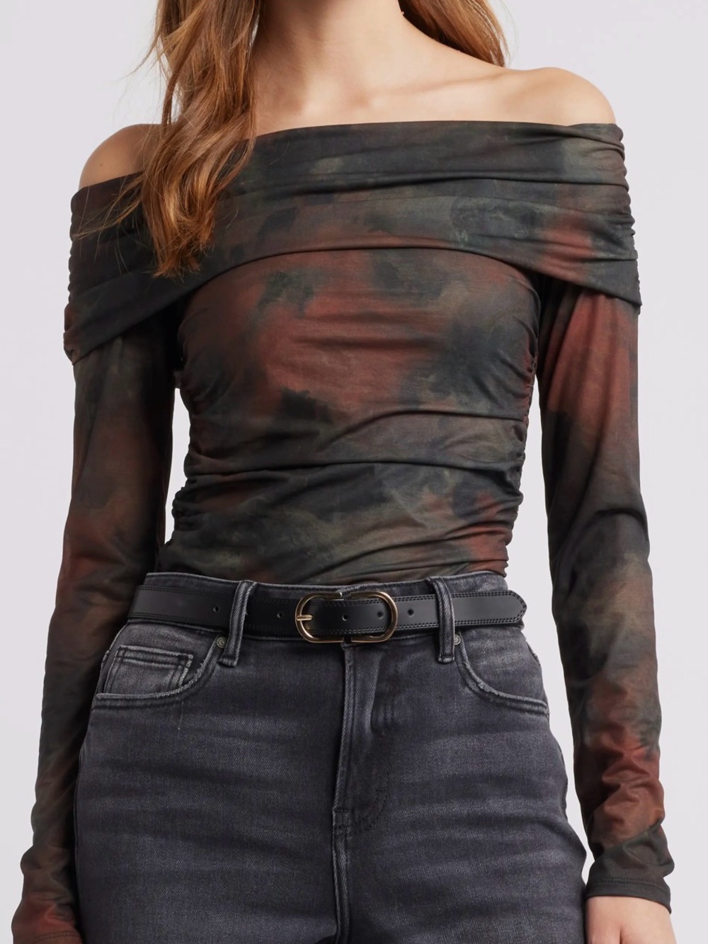 Off-the-Shoulder Tie-Dye Long Sleeve Top in Olive and Rust